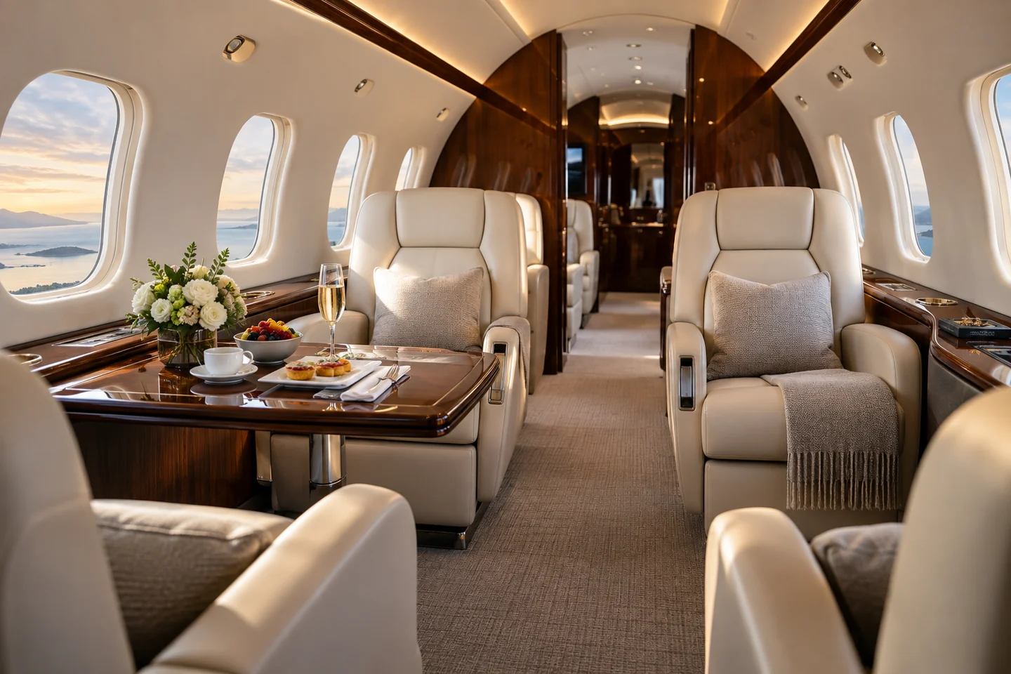 Luxury private jet cabin prepared for a charter flight