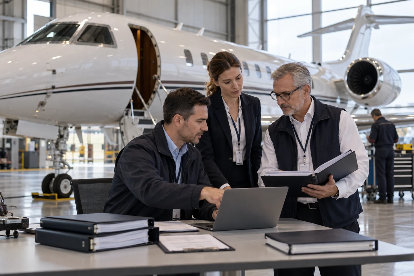 Aviation specialists reviewing records during aircraft fleet induction