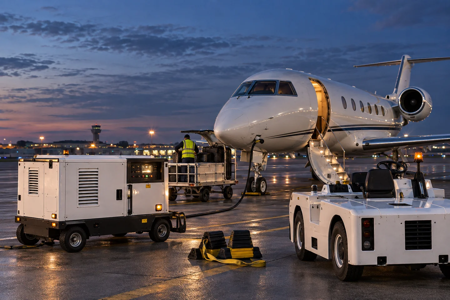 Ground support equipment operating beside a business jet at blue hour