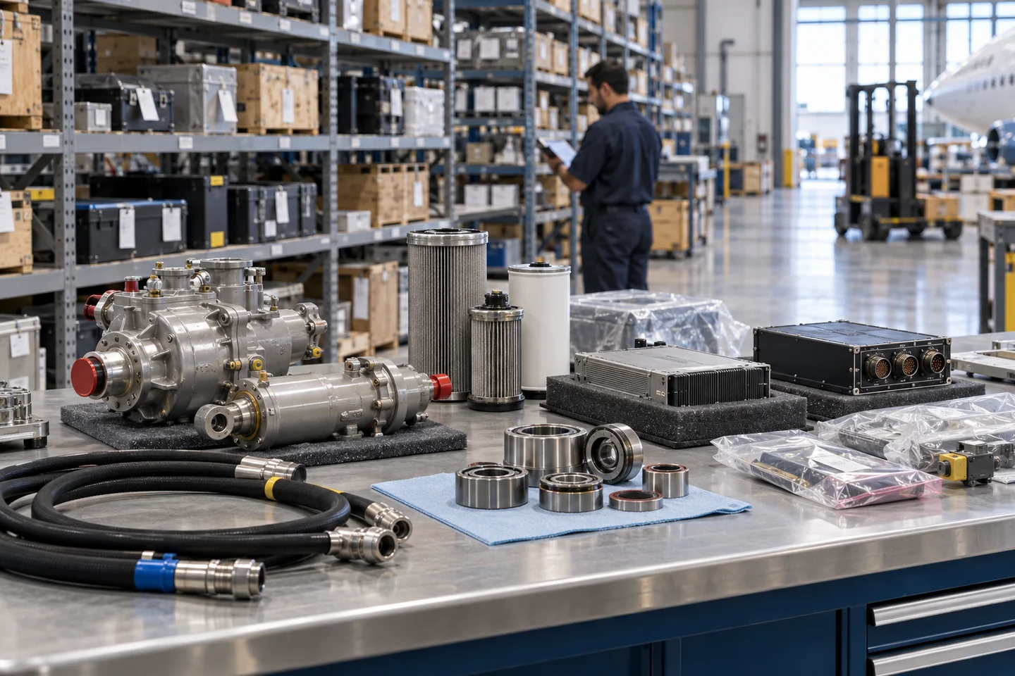 Hydraulic, filtration, bearing and avionics spares in an aviation warehouse