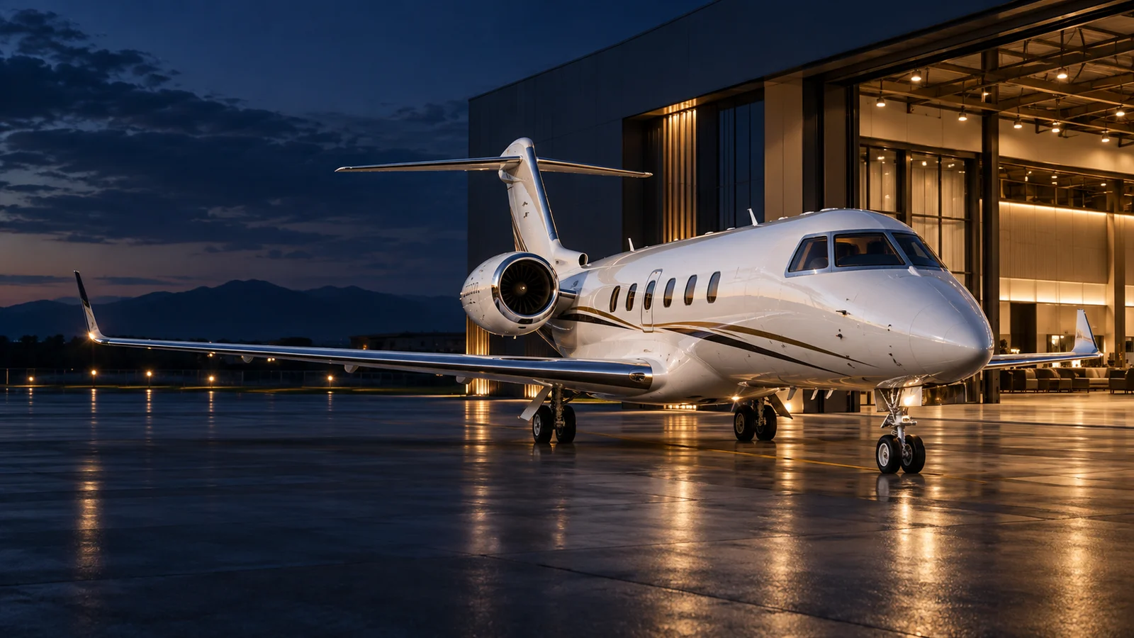 Business aircraft on the ramp in evening light