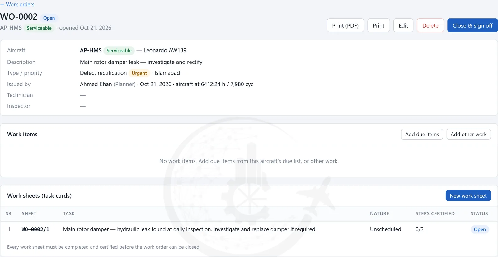 AP-HMS work order WO-0002 showing linked worksheet WO-0002/1 and certification progress 0 of 2