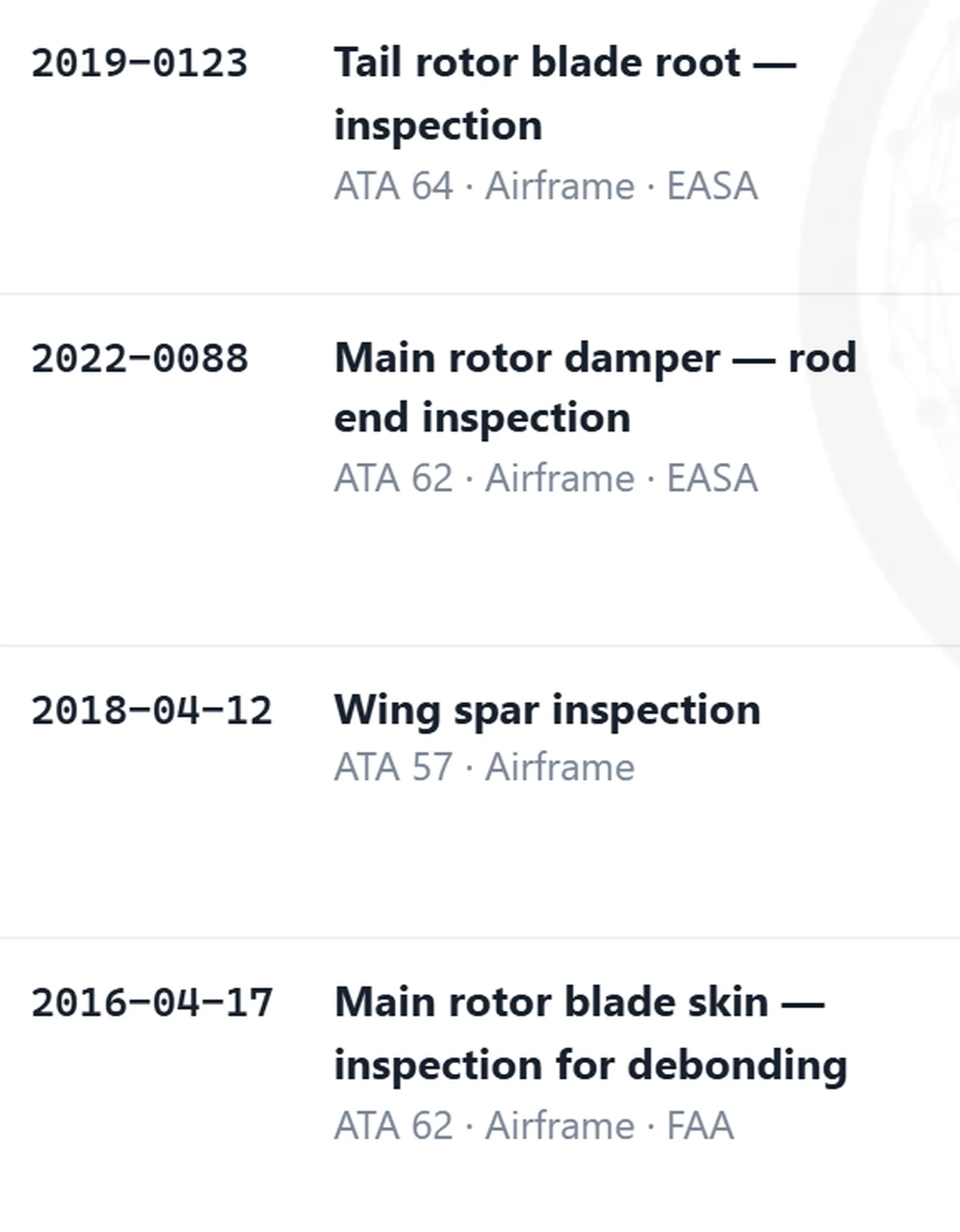 Four complete AD register rows including EASA and FAA directives