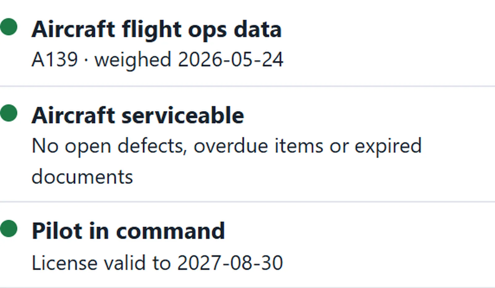 Three green checks: aircraft flight ops data, aircraft serviceable and pilot license; partial dispatch panel