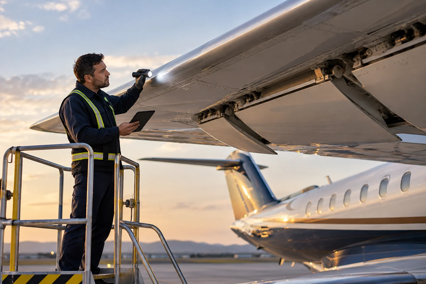 Inspector examining an aircraft wing and control surfaces