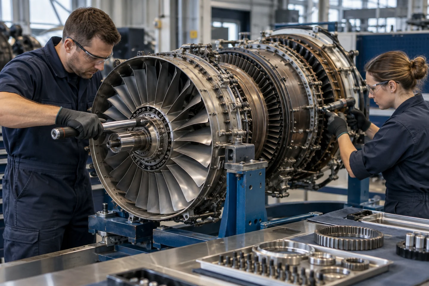 Technicians overhauling a turbine core with precision tools