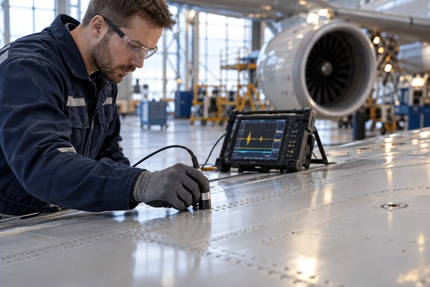 Technician performing eddy-current testing on an aircraft wing panel